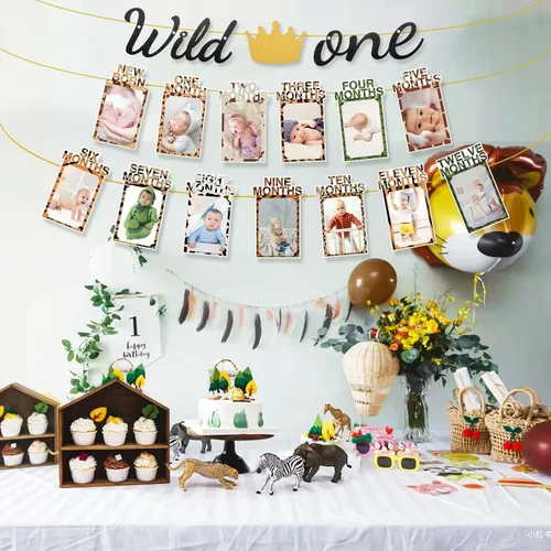 Miniatura 3 de Decoraciones de primer cumpleaños de dinosaurio, cartel de fotos de primer cumpleaños para bebés de recién nacido a 12 meses, decoraciones