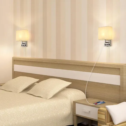 Miniatura 6 de Juego de dos apliques de pared negros, luces de pared de noche para dormitorio, aplique de pared enchufable con puertos USB y tomas, lámpara