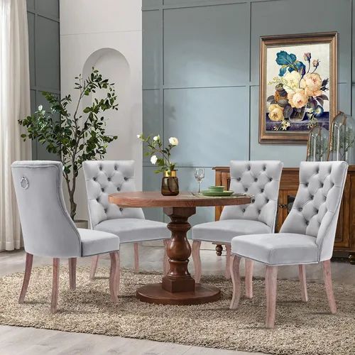 Miniatura 6 de Juego de 2 sillas de comedor de terciopelo, sillas de comedor tapizadas con ribete de anillo trasero y patas de madera maciza, sillas de comedor