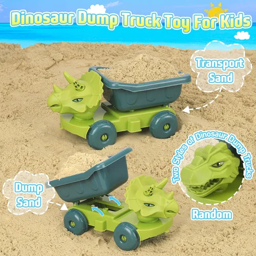 Miniatura 3 de FUSPWEAO Juguetes de playa, juguetes de arena de dinosaurios con camión volquete y cubo de playa plegable, pala y rastrillo, bolsa de malla, moldes