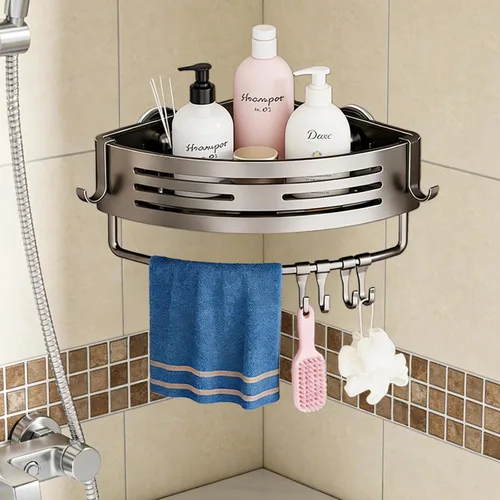 Estante esquinero de ducha con ventosa, sin agujeros con toallero y gancho, estante de almacenamiento de baño gris, estantes triangulares sin
