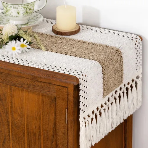 Miniatura 2 de Socomi Camino de mesa bohemio de verano rústico para comedor, cocina, centro de mesa, decoración pequeña de macramé de algodón y lino, camino