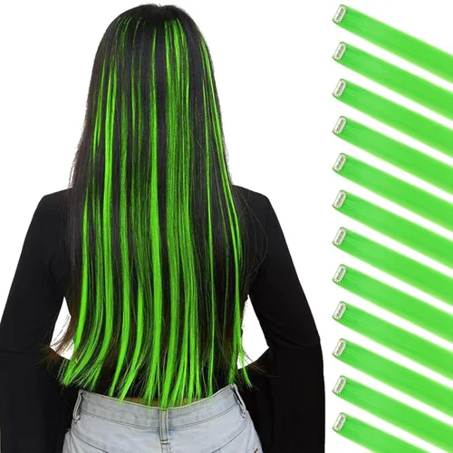 FELENDY 12 extensiones de cabello con clip de color, lacio, ondulado, sintético, para mujer, verde claro