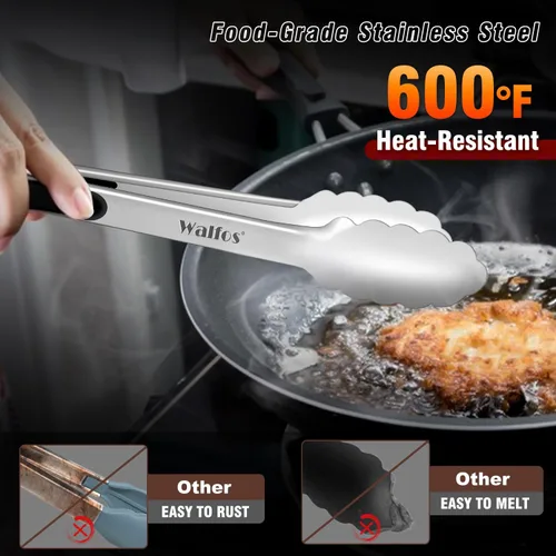 Miniatura 3 de Walfos Pinzas de cocina de acero inoxidable para cocinar, 7, 9 y 12 pulgadas, pinzas de metal de grado alimenticio para cocinar, barbacoa, juego