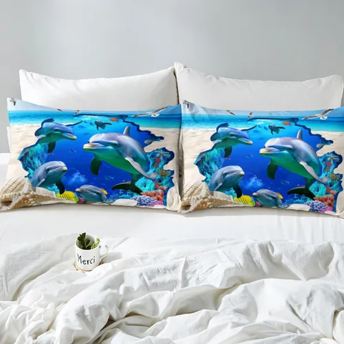 Miniatura 4 de Erosebridal Sábana bajera ajustable con diseño de delfín, diseño de playa oceánica, tamaño individual para niños, niñas, adolescentes, juego de ropa