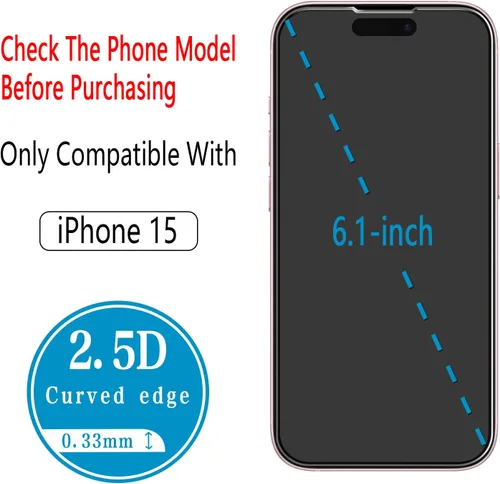 Miniatura 3 de (2 unidades) Protector de pantalla para iPhone 15 de vidrio templado de 6.1 pulgadas, fácil de instalar, sin burbujas, dureza 9H