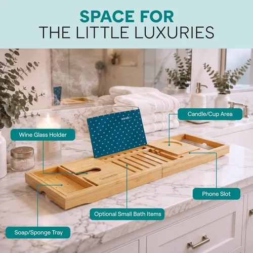 Miniatura 2 de SereneLife SLBCAD20 - Bandeja de bambú de lujo para bañera, organizador ajustable de madera natural para bañera con soporte para vino, colocación