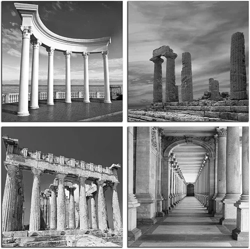 Miniatura 9 de NAN Wind Moderno lienzo de 4 paneles de arquitecturas en blanco y negro de giclée, pinturas de paisajes en lienzo de edificios de Roma, pinturas