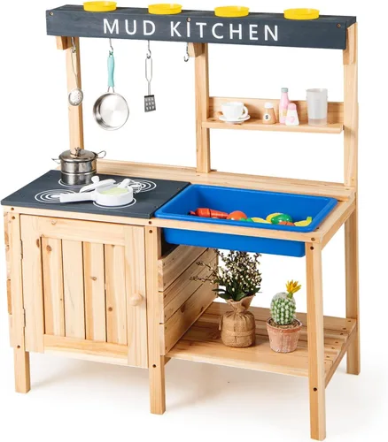 Miniatura 9 de HONEY JOY Cocina de barro, cocina de madera de cedro para niños pequeños, fregadero extraíble, accesorios de cocina, caja de maceta, armario
