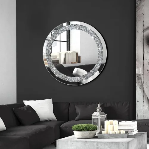 Miniatura 5 de Espejo Redondo Plateado Brillante Crystal Crush con Diamantes para Decoración de Pared 20x20x1 pulgadas para Colgar en Pared sin Marco Bling