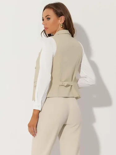Miniatura 4 de Allegra K Chaleco de traje para mujer con doble botonadura, solapa elegante, de negocios