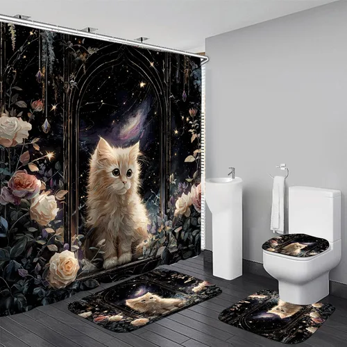 Miniatura 8 de Juego de 4 cortinas de ducha de gato con alfombras antideslizantes, cubierta para tapa de inodoro y tapete de baño, diseño de castillo rosa
