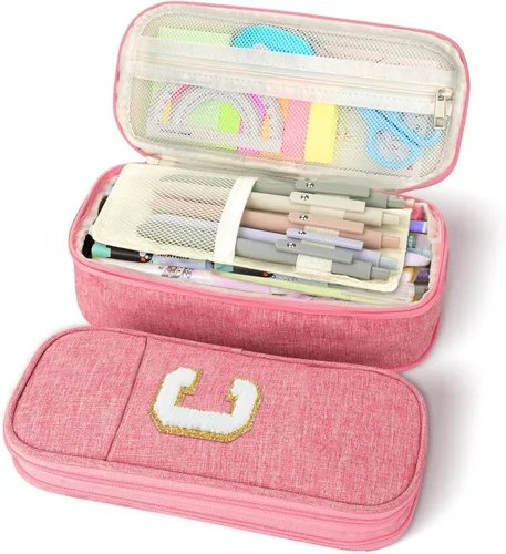 Miniatura 16 de Estuche de lápices de gran capacidad color rosa, lindo estuche de lápices con cremallera para niñas y mujeres, bolsa de lápices expandible