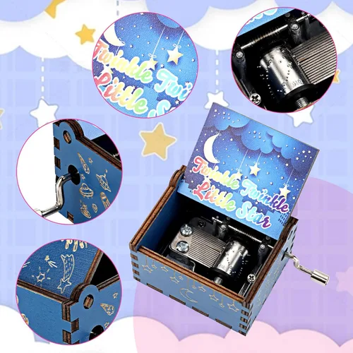 Miniatura 4 de Amaxiu Caja de música de manivela de mano, caja de música de madera Twinkle Twinkle Little Star, caja musical vintage grabada a mano, mini caja