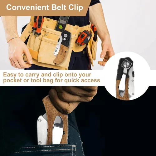 Miniatura 5 de Harita Cortador de caja de cuchillos utilitarios con clip para cinturón, paquete extra de 5 hojas de repuesto y mango de madera, cortador
