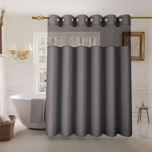 Miniatura 13 de Inhousolu - Cortina de ducha sin gancho con juego de forro de tela a presión, tejido waffle 230 GSM dobladillo con peso, impermeable y lavable