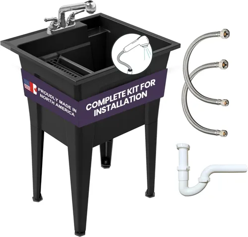 Miniatura 6 de Noah William Home - Fregadero independiente con grifo negro de una manija, fregadero de plástico de 24 pulgadas para garaje, lavandería, uso