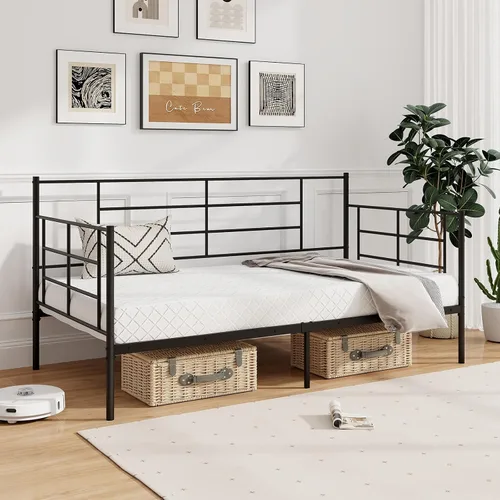 Miniatura 9 de Giantex Marco de cama de metal tamaño individual, cama de día con soporte de listones de metal y barandillas de 3 lados, sofá cama 2 en 1 que ahorra