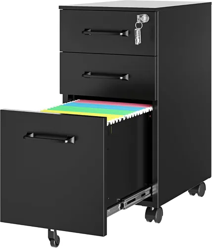 Miniatura 32 de Archivador de metal con 2 cajones con cerradura, gabinete archivador con soporte para impresora móvil y estantes para archivos de tamaño Negro