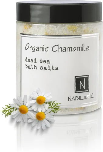 Nabila K - Sales de baño orgánicas de manzanilla – Sal del Mar Muerto y sal de Epsom exfoliante y remojar – Exfolia e hidrata la piel, aceites