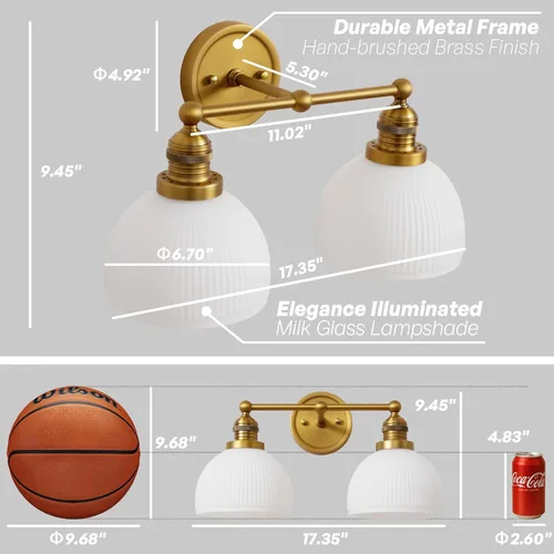 Miniatura 8 de Apliques de Pared Dorados de 2 Luces, Aplique de Pared Vintage para Baño con Vidrio Esmerilado de Doble Brazo de Latón, Luz de Tocador para Baño