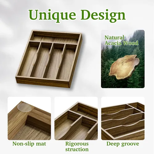 Miniatura 5 de Kiasthome Organizador de Cajón de Cubiertos de Madera de Acacia, Organizador de Cajón de Utensilios de Cocina con Divisores Ranurados, Organizador