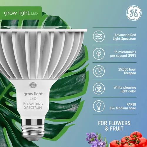 Miniatura 2 de GE Bombilla de luz LED de cultivo, PAR38 luz de inundación, luces de cultivo LED de interior para flores y frutas, espectro de luz roja avanzado