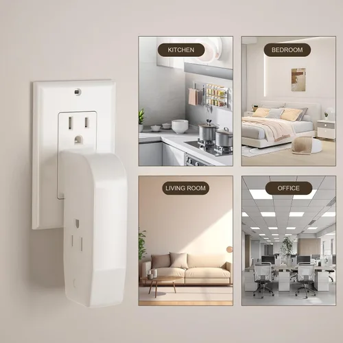 Miniatura 6 de Adaptador divisor de pared vertical de 3 vías con enchufe de 3 puntas para muebles detrás, plástico duro, certificación UL, 1 paquete. Blanco/1PK