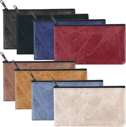 Miniatura 16 de Paquete de 4 bolsas de dinero para depósitos bancarios, cartera de cuero sintético resistente con cremallera con ventana transparente, bolsa