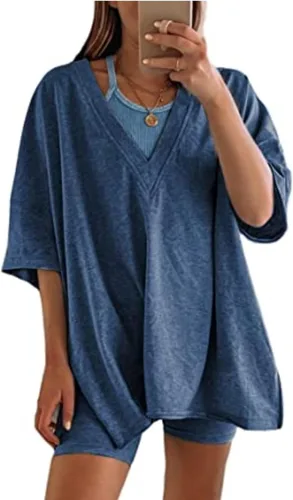 Yozazzy Conjunto de dos piezas para mujer, camiseta de gran tamaño, cuello en V, pantalones cortos de ciclista, conjuntos reversibles de