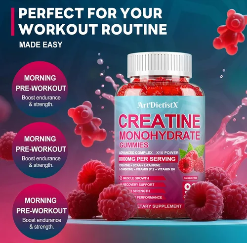 Miniatura 8 de Gomitas de monohidrato de creatina de 8000 mg con BCAA, L-carnitina, taurina y vitamina B12, suplemento preentrenamiento para crecimiento muscular