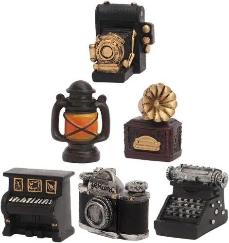VICASKY Mini adornos retro para cámara, paquete de 6 adornos de resina para jardín de hadas, decoración del hogar, oficina, juguete educativo