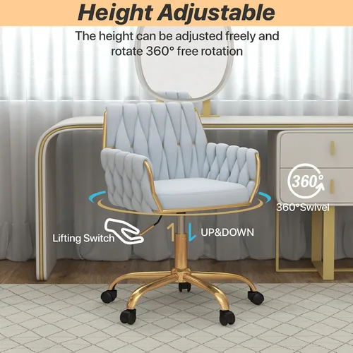 Miniatura 4 de Silla de Tocador Moderna de Terciopelo para Oficina en Casa, Silla de Escritorio de Maquillaje Giratoria de 360° con Altura Ajustable con Base