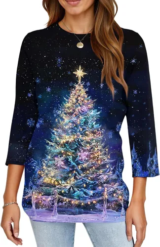 Miniatura 17 de Camisetas de manga 3/4 para mujer, cuello redondo, holgadas, casuales, con estampado floral, camisetas de moda para el trabajo de negocios