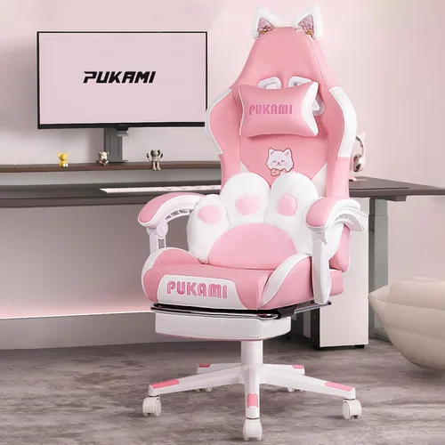 PUKAMI Silla de juegos rosa linda con orejas de gato y cojín lumbar de pata de gato, silla ergonómica para computadora para niña con reposapiés y