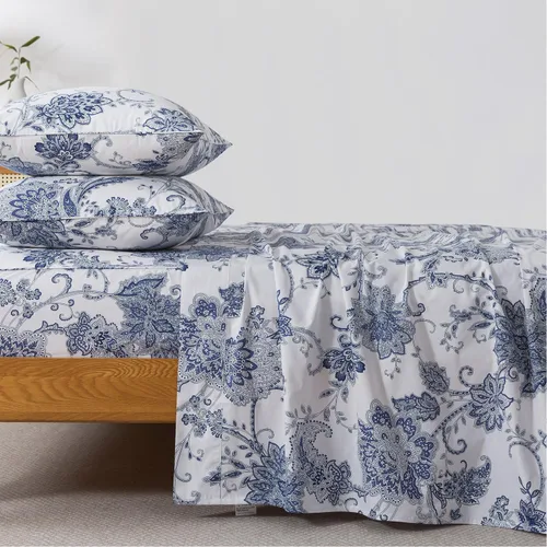 Miniatura 84 de FADFAY Juego de sábanas tamaño King, 100% algodón, elegante ropa de cama de granja con hojas verdes menta y flores blancas, sábana suave