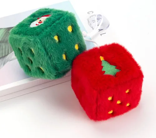 Miniatura 5 de Dados peludos de Navidad para espejo retrovisor del automóvil, diseño bordado de Papá Noel y árbol, decoraciones colgantes de felpa roja y verde
