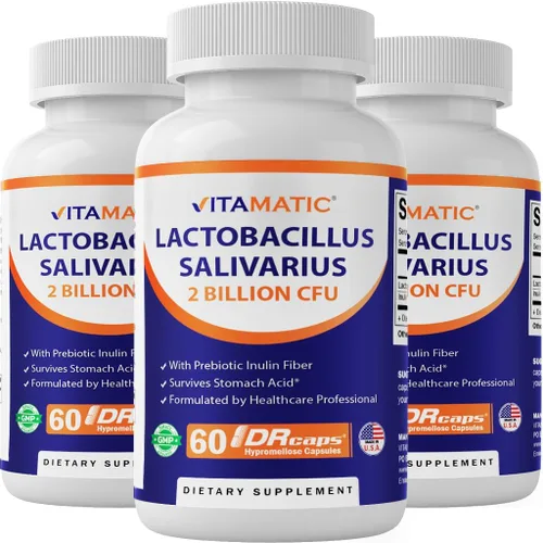 Vitamatic Lactobacillus Salivarius 2 mil millones por cápsula DR - 60 unidades - Soporte digestivo - Fabricado con fibra de inulina prebiótica (3
