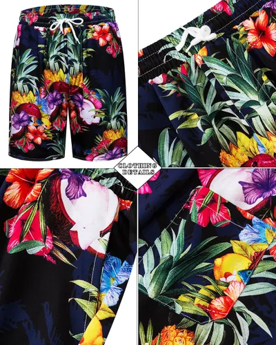 Miniatura 19 de TUNEVUSE Conjunto de camisas y pantalones cortos hawaianos para hombre, 2 piezas, trajes de playa con estampado de flores, traje tropical de verano