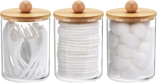 Miniatura 9 de Tbestmax Tarros de baño con soporte Qtip de 10 onzas para hisopos de bolas de algodón, dispensador de almacenamiento, tapa de bambú (paquete de 2)