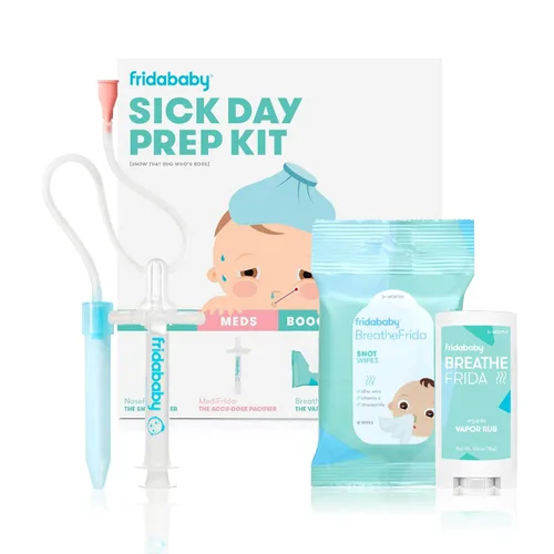 Kit de Preparación para Días de Enfermedad de FridaBaby, Set de 4 Piezas, Incluye Esenciales: Aspirador Nasal NoseFrida, Dispensador de Medicamentos