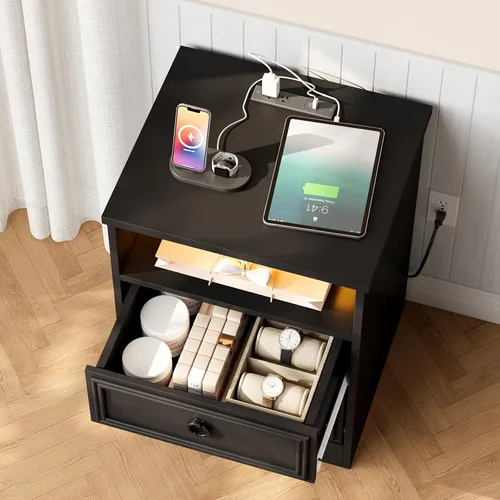 Miniatura 9 de LGHM Juego de 2 mesitas de noche con tira de luces de estación de carga, mesita de noche grande con 2 cajones, mesa auxiliar de cama decorativa