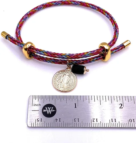 Miniatura 5 de Pulsera chapada en oro de 18 quilates de San Benito con dije de piedra auténtica de azabache Adjustable Cuerda Chapado en oro