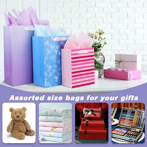 Miniatura 7 de Paquete de 12 bolsas de regalo de varios tamaños y diseños, bolsas de regalo a granel con papel de seda