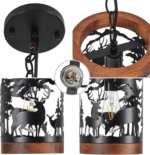 Miniatura 4 de Lámpara colgante rústica de ciervo, 1 lámpara de araña de madera y metal de granja, lámpara de techo colgante ajustable para isla de cocina