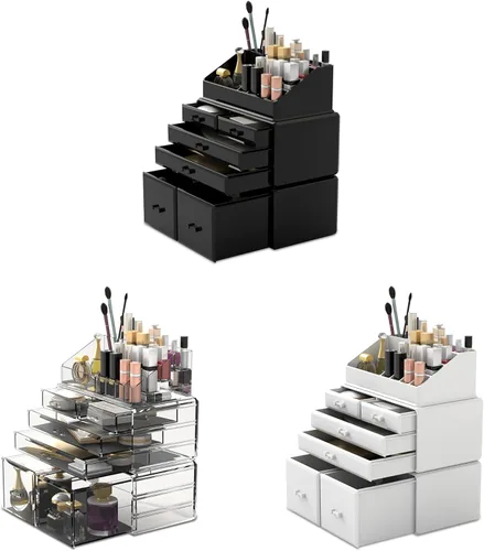 Miniatura 8 de READAEER Organizador de maquillaje 3 piezas Estuche de almacenamiento de cosméticos con 6 cajones (negro)