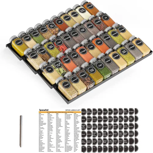 SpaceAid Organizador de cajones de especias con 40 tarros de especias, 386 etiquetas de especias, bandeja de condimentos de 4 niveles para cajones