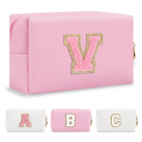 Miniatura 210 de Pequeña bolsa de maquillaje personalizada con inicial A-Z Preppy Patch, bolsa de cosméticos de viaje de felpilla blanca con cremallera, bonita bolsa