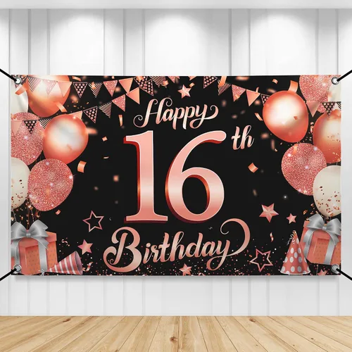 KatchOn Cartel de feliz cumpleaños número 16 de oro rosa, grande de 72 x 44 pulgadas, decoraciones de fiesta de dulces 16, telón de fondo para niñas