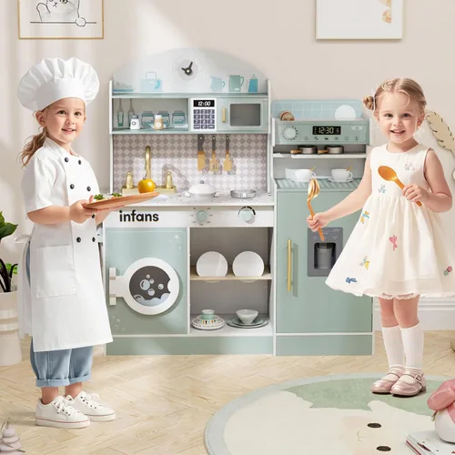 INFANS Juego de cocina para niños, juego de cocina de madera para niños pequeños, juego de juguetes de cocina con cafetera, máquina de hielo, Azul